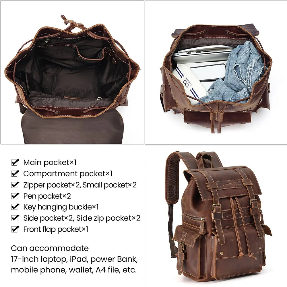 Crazy Horse Leather Backpack Vintage 15.6 Inch Laptop Daypack