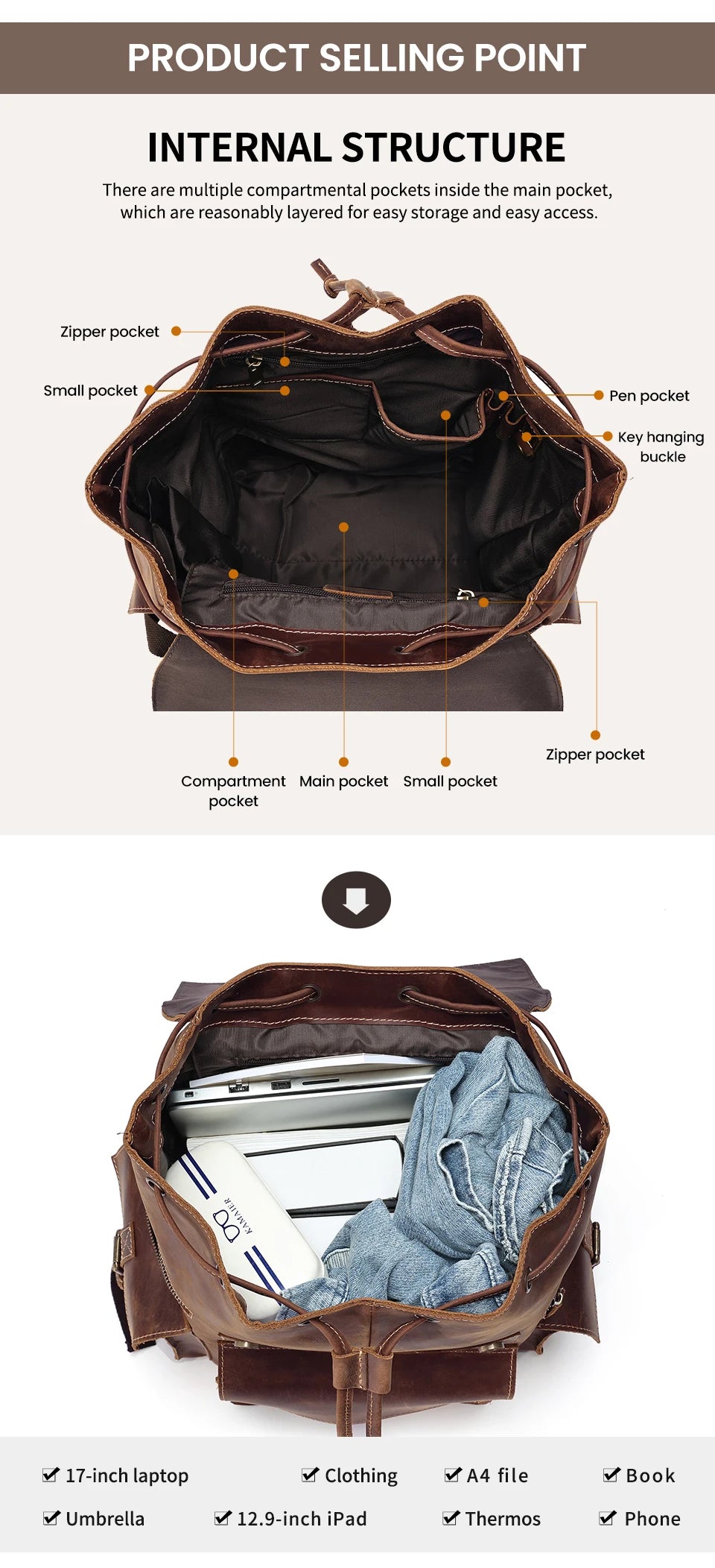Crazy Horse Leather Backpack Vintage 15.6 Inch Laptop Daypack