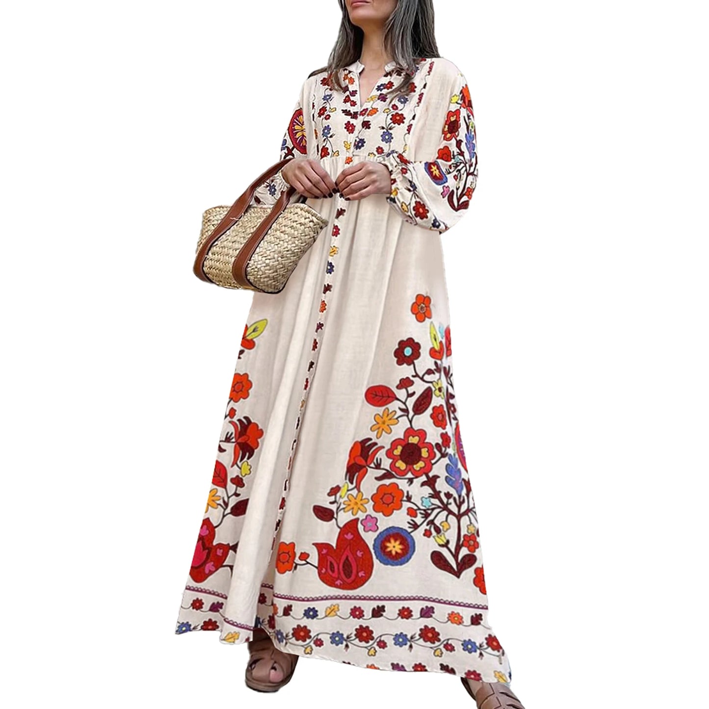 Elegant V-Neck Long Sleeve Maxi Dress for Women