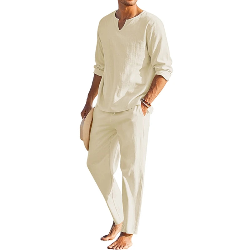 Men's Summer Cotton Linen Clothes Henley Shirt Pants Set