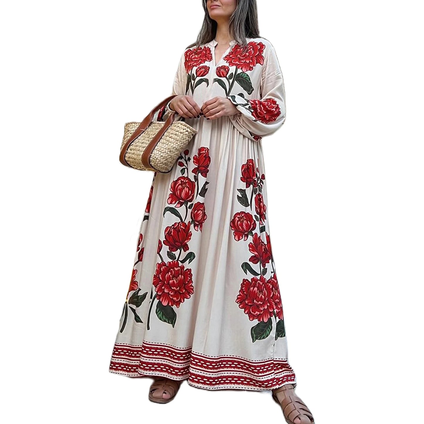 Elegant V-Neck Long Sleeve Maxi Dress for Women