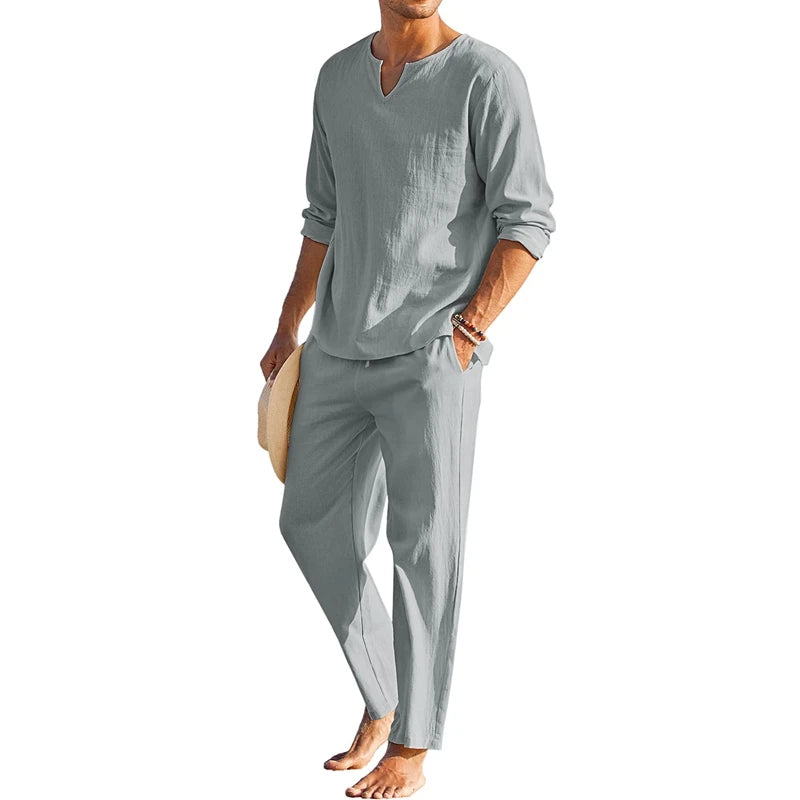 Men's Summer Cotton Linen Clothes Henley Shirt Pants Set
