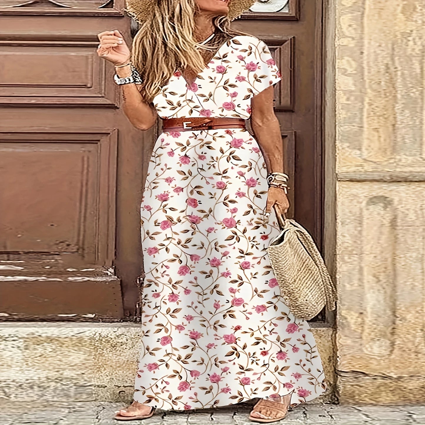 Short Sleeve Womens Floral Maxi Dress - Floor-Length