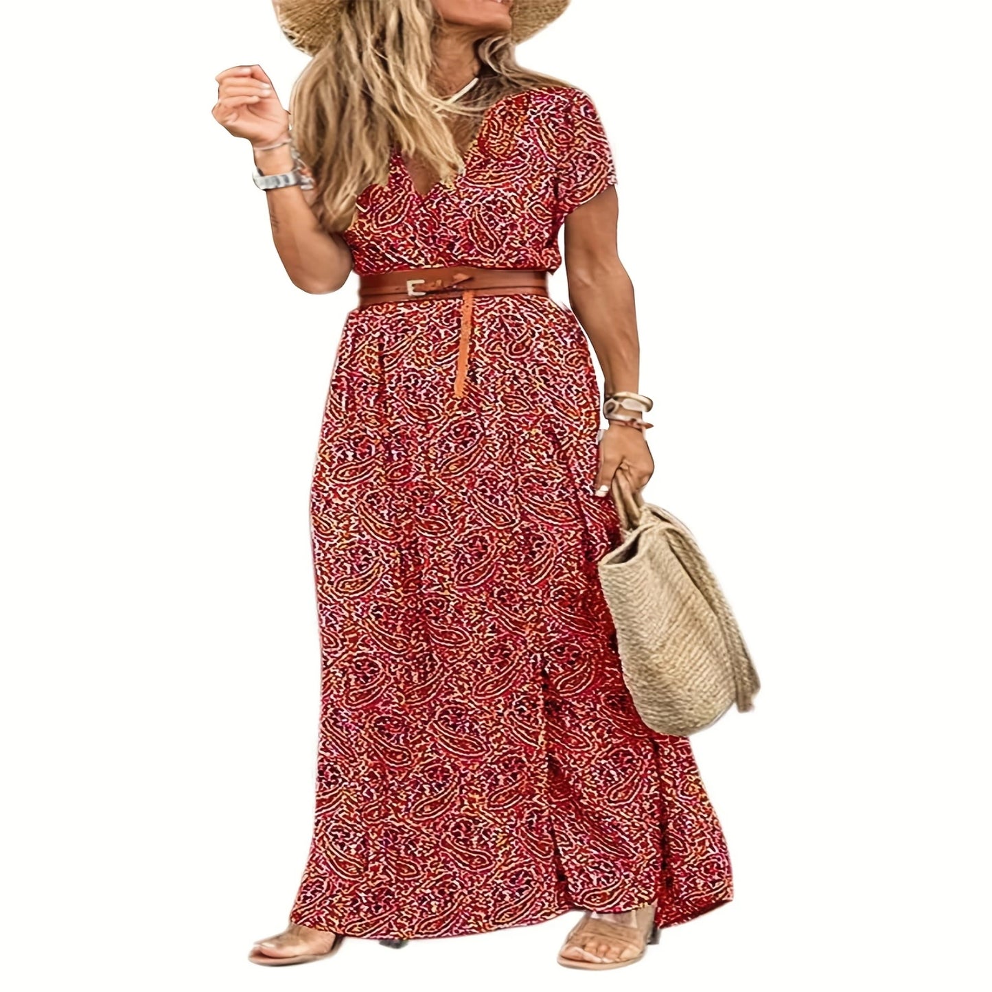 Short Sleeve Womens Floral Maxi Dress - Floor-Length