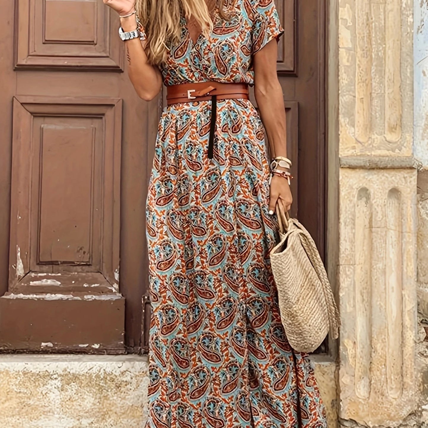 Short Sleeve Womens Floral Maxi Dress - Floor-Length