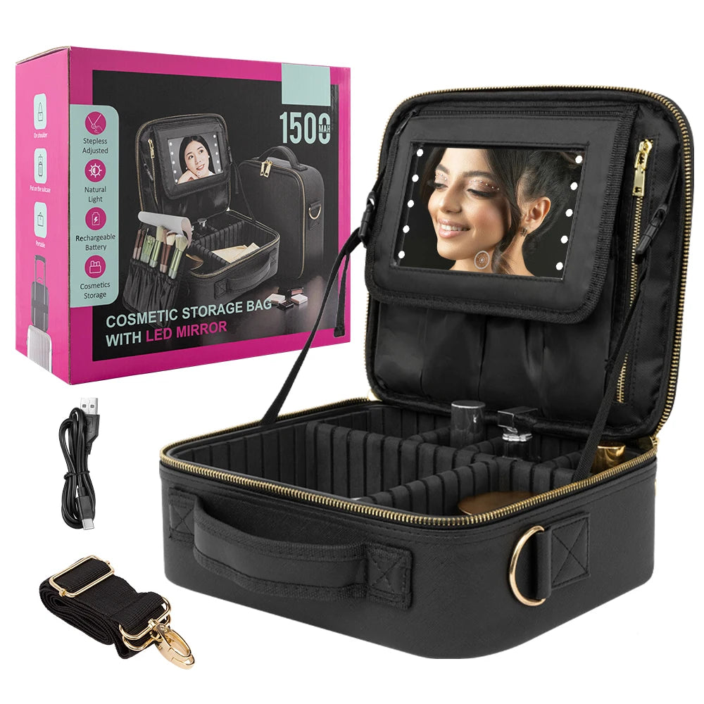 Large LED Cosmetic Case, Mirrored Makeup Bag for Travel