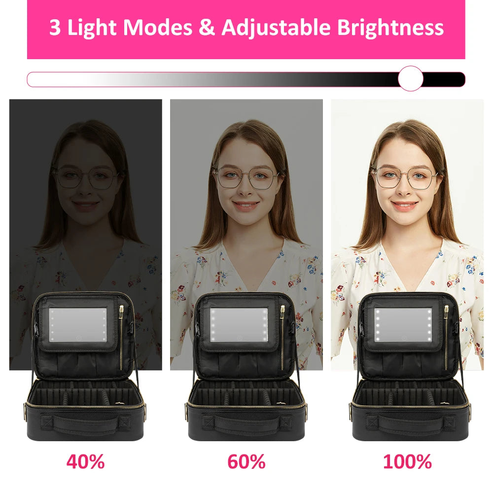 Large LED Cosmetic Case, Mirrored Makeup Bag for Travel