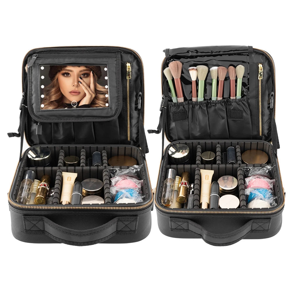 Large LED Cosmetic Case, Mirrored Makeup Bag for Travel