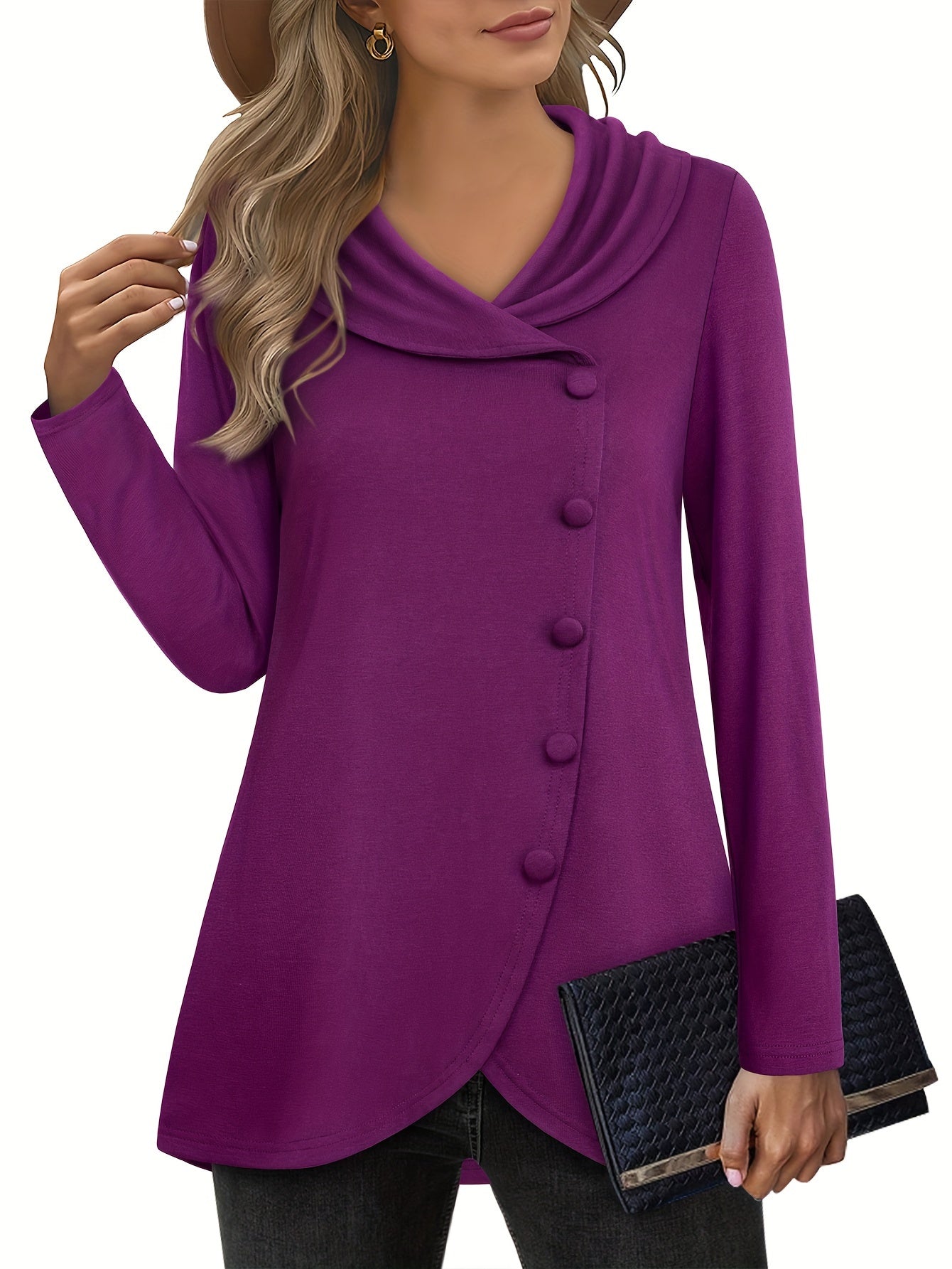 Long-sleeved Lapel Pullover Sweatshirt, Tulip Hem p