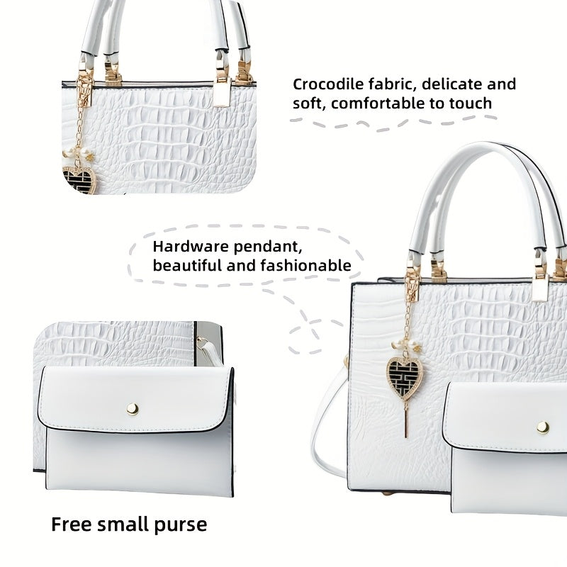 Crocodile Texture Single-shoulder White Diagonal Handbag, w/wallet