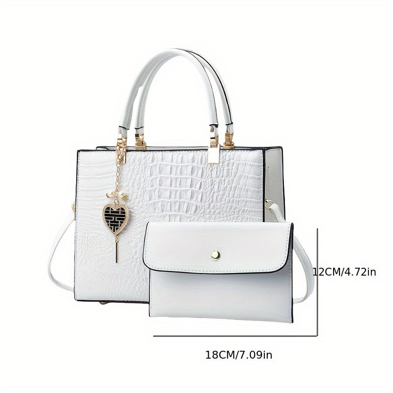 Crocodile Texture Single-shoulder White Diagonal Handbag, w/wallet