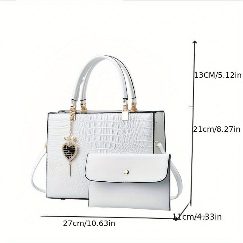 Crocodile Texture Single-shoulder White Diagonal Handbag, w/wallet