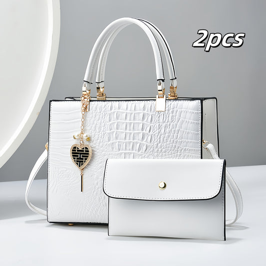 Crocodile Texture Single-shoulder White Diagonal Handbag, w/wallet