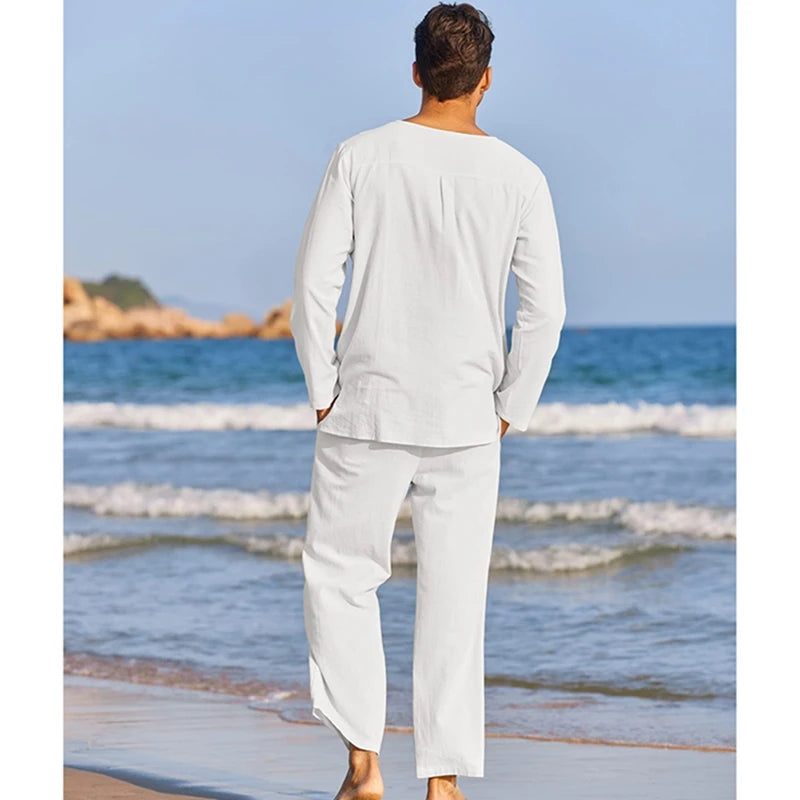 Men's Summer Cotton Linen Clothes Henley Shirt Pants Set