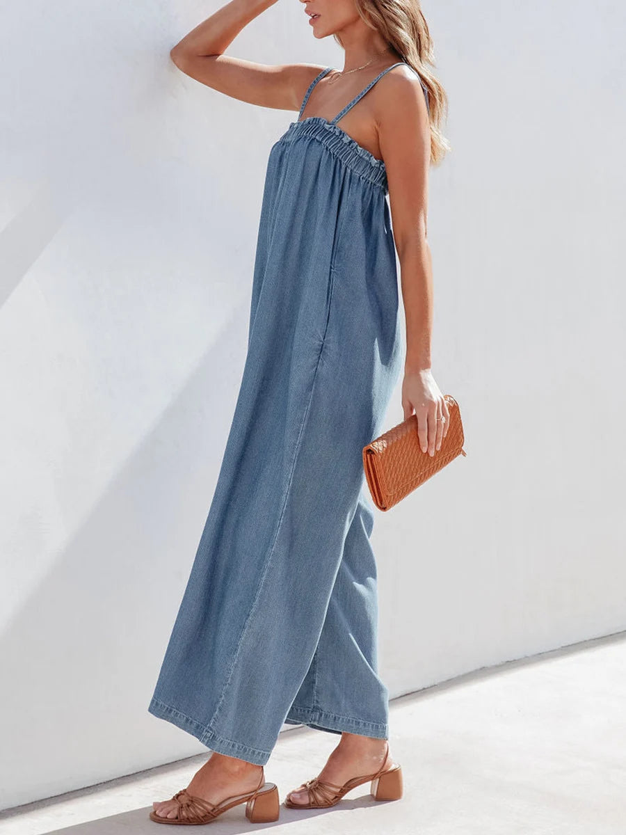 Womens Spaghetti Strap Denim Jumpsuit with Wide Leg Design