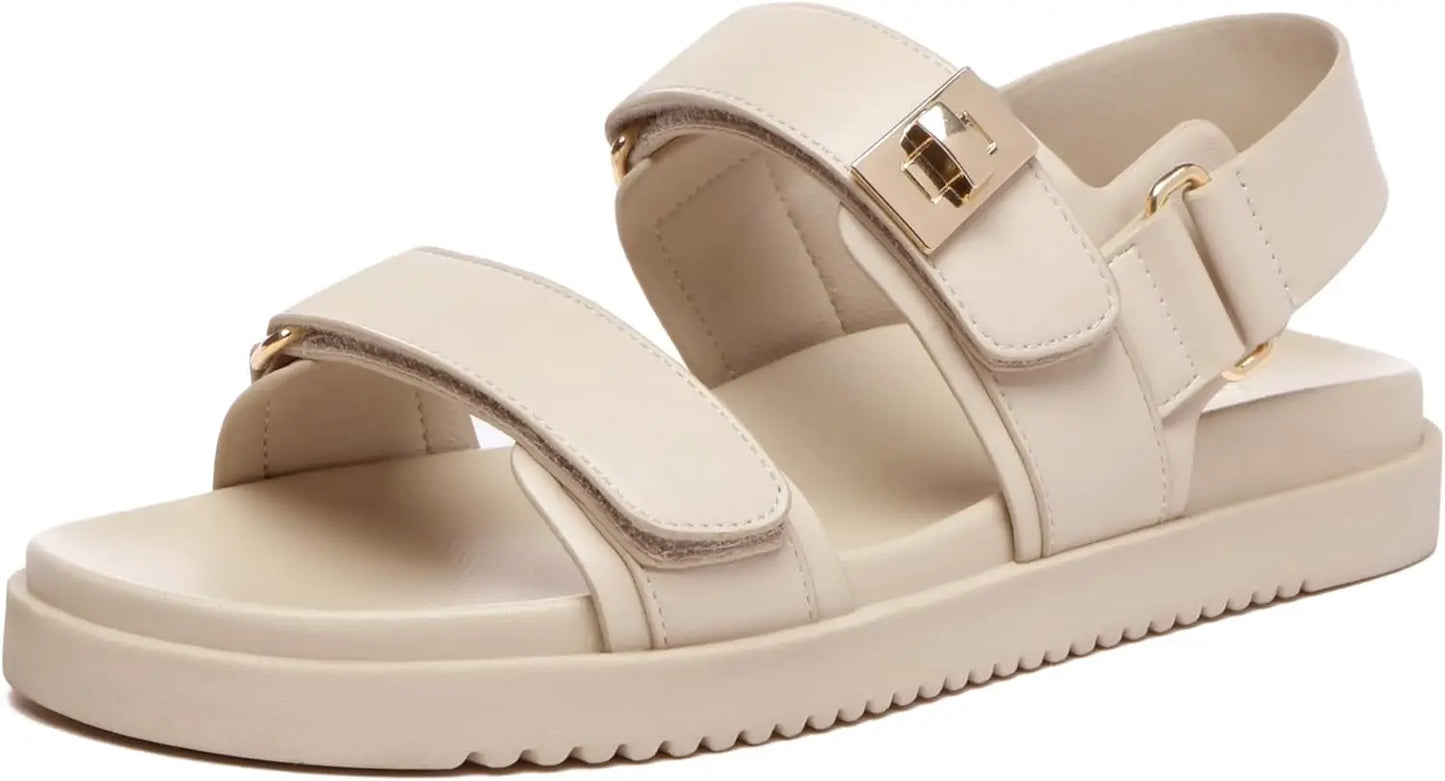 Women's Adjustable Double Strap Leather Flat Sandals for Comfort