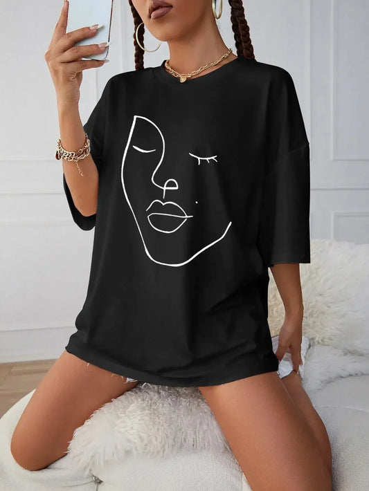 Simple Line Pattern Womens Letter Print Polyester Tee Shirt