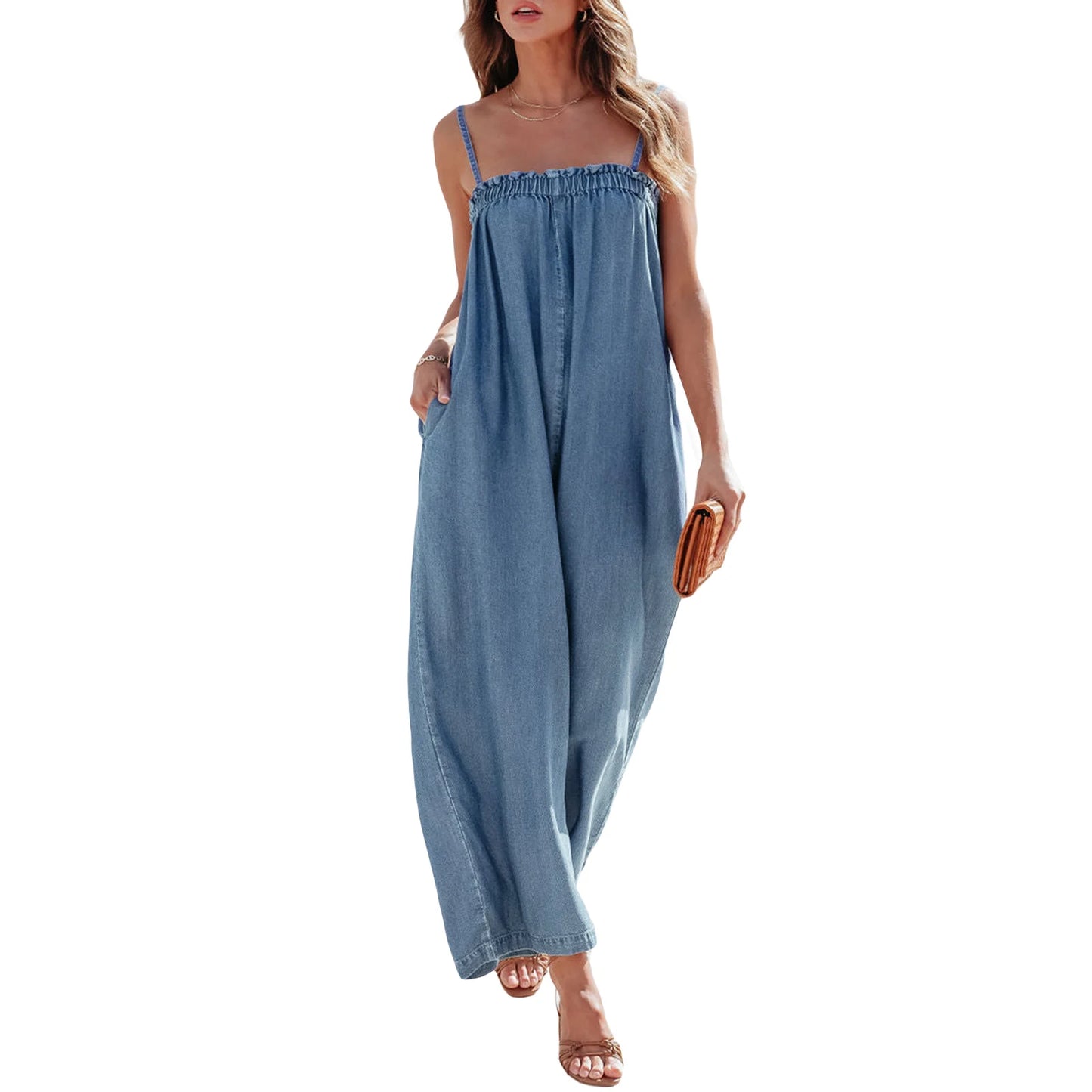 Womens Spaghetti Strap Denim Jumpsuit with Wide Leg Design
