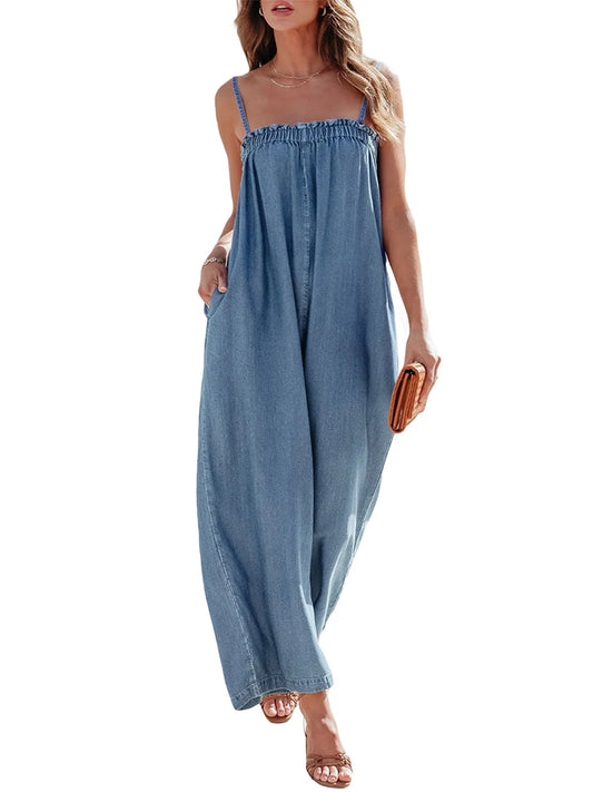 Womens Spaghetti Strap Denim Jumpsuit with Wide Leg Design