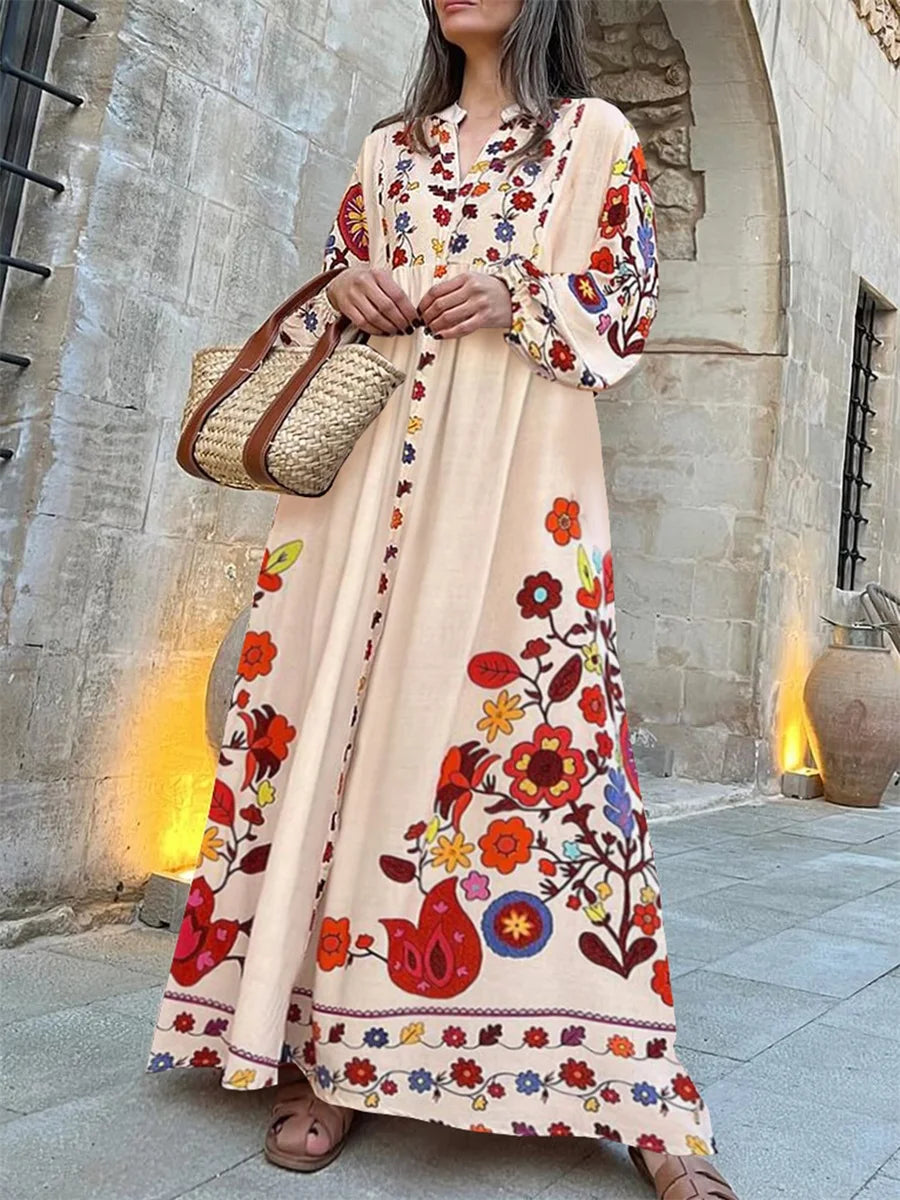 Elegant V-Neck Long Sleeve Maxi Dress for Women