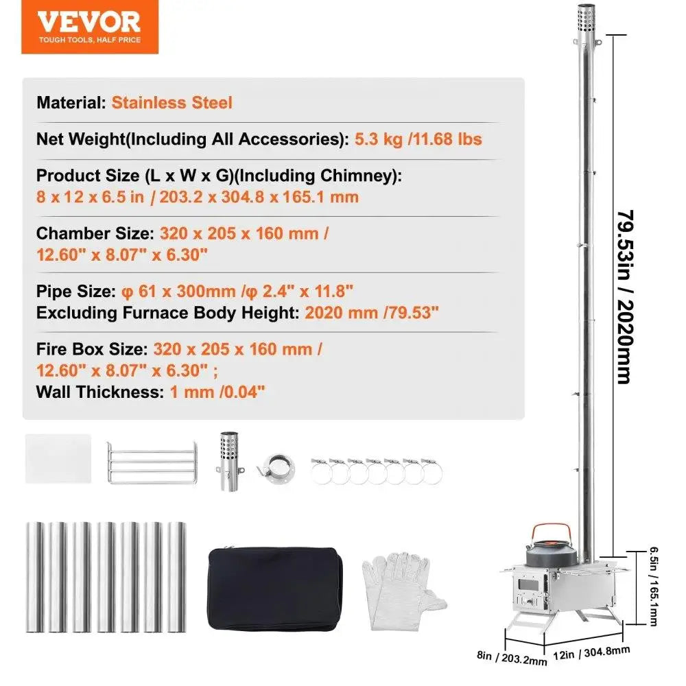 Portable Stainless Steel Camping Wood Stove with Built-in Chimney