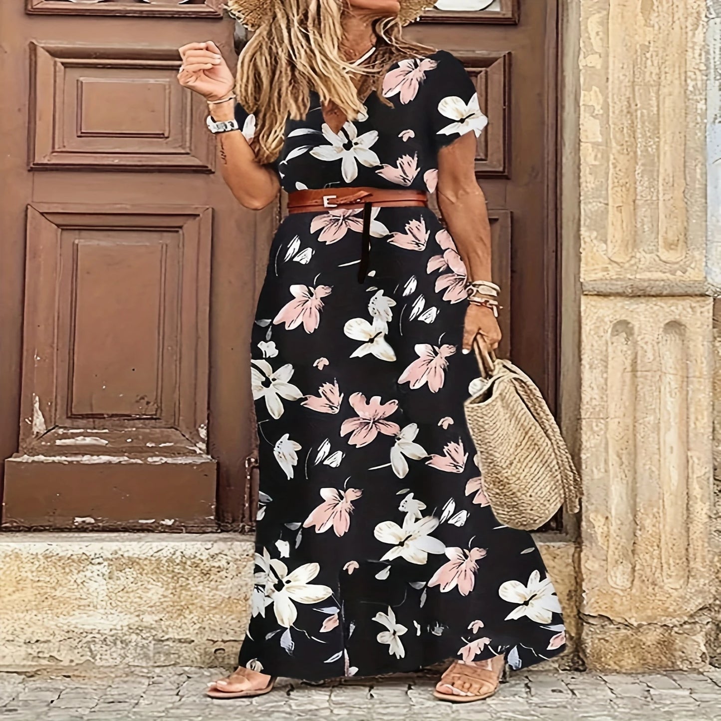 Short Sleeve Womens Floral Maxi Dress -  Floor-Length