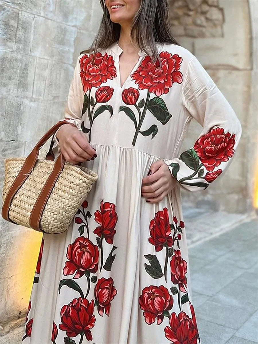 Elegant V-Neck Long Sleeve Maxi Dress for Women