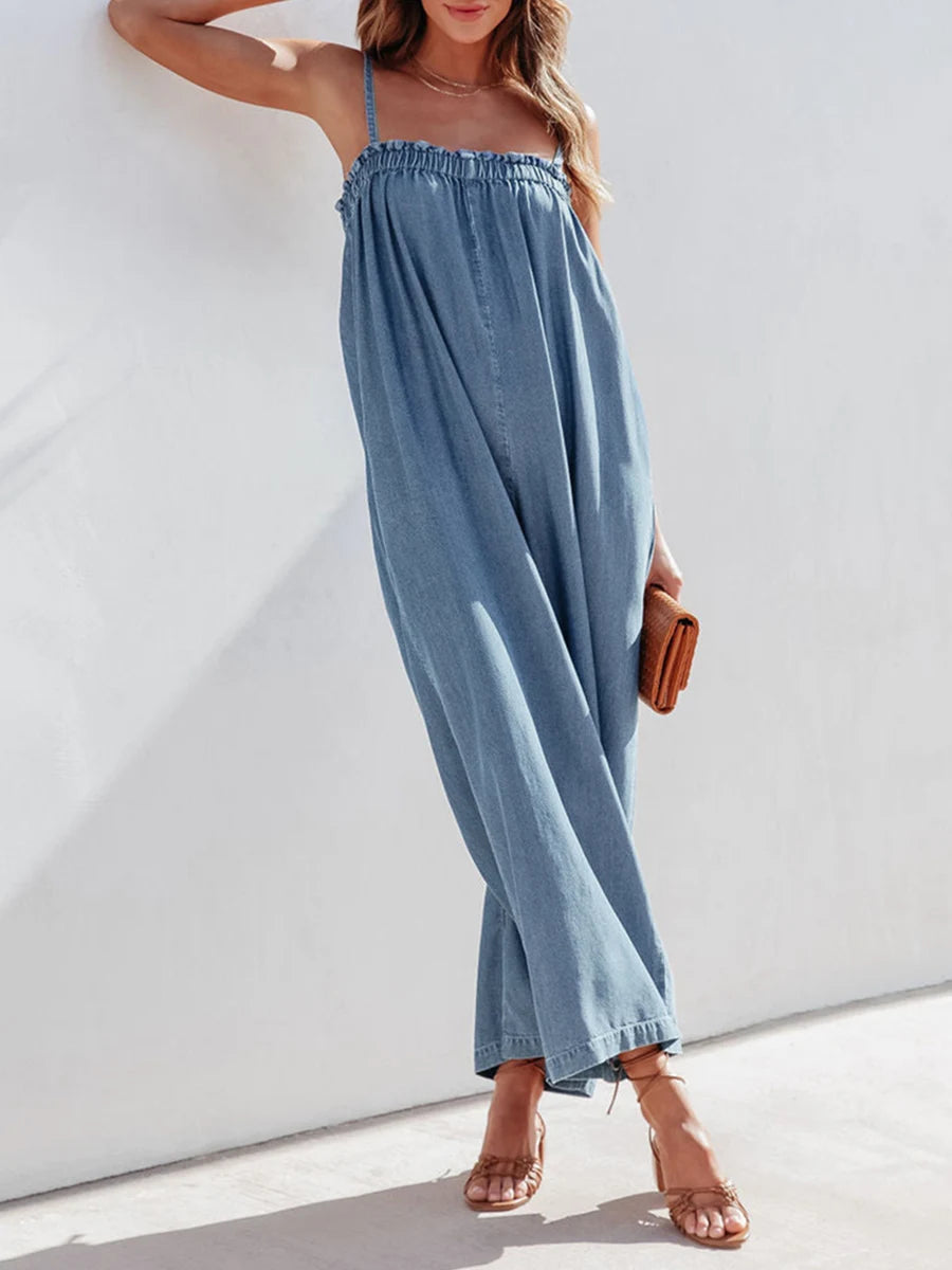 Womens Spaghetti Strap Denim Jumpsuit with Wide Leg Design