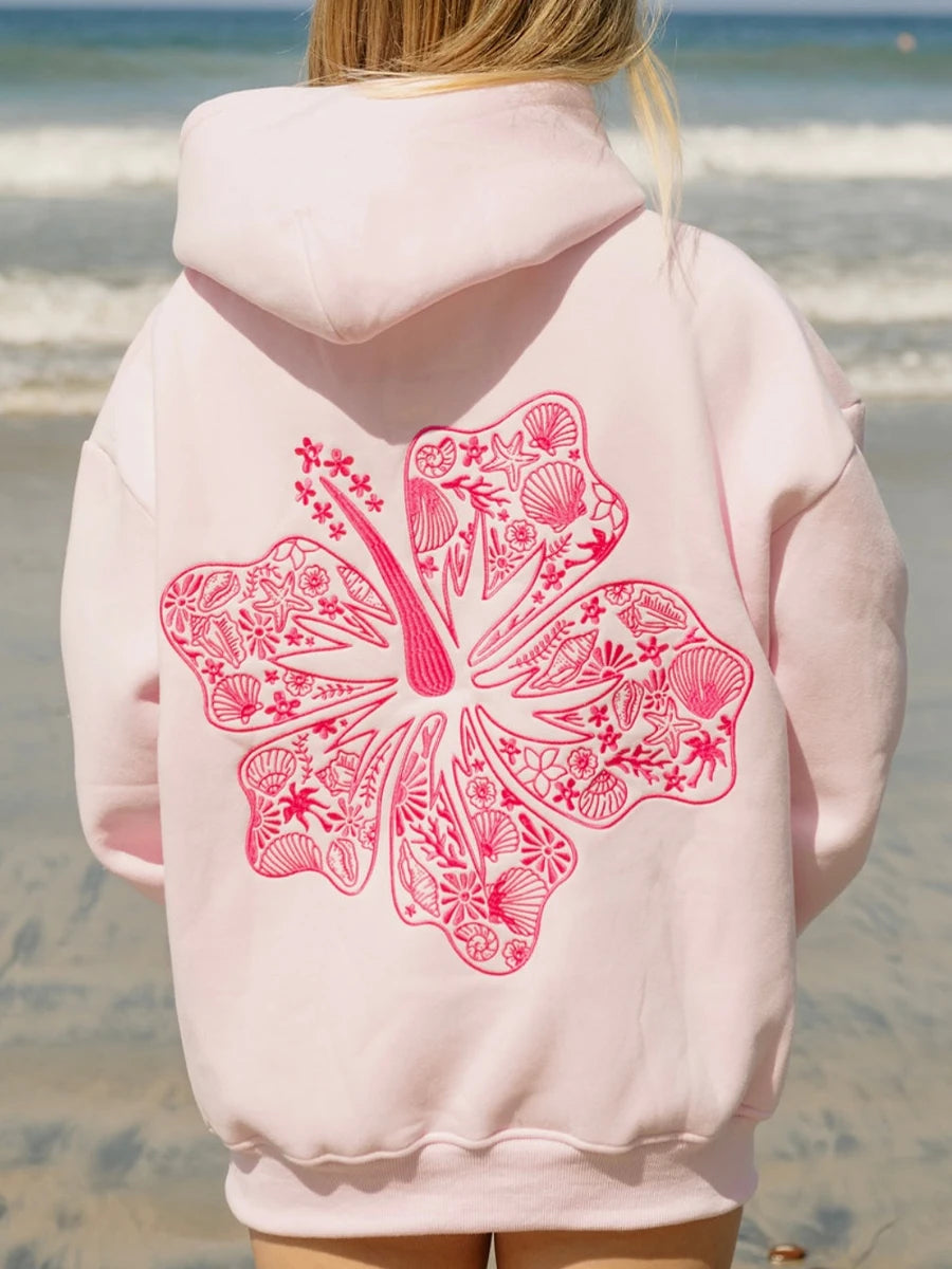 Preppy Embroidery Hibiscus Print Hoodies for Teen Girls
