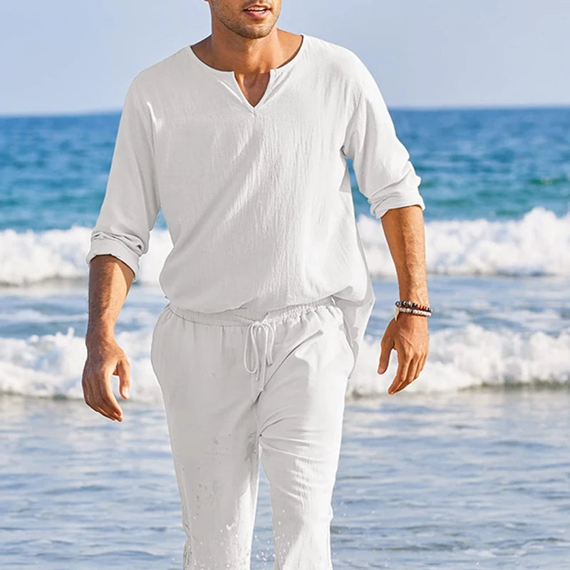 Men's Summer Cotton Linen Clothes Henley Shirt Pants Set