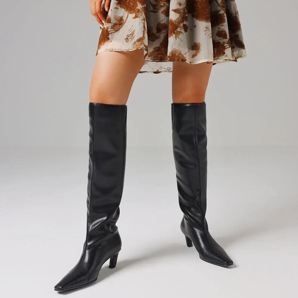 Over Knee High Boots, Black Square Toe, Kitten Heel