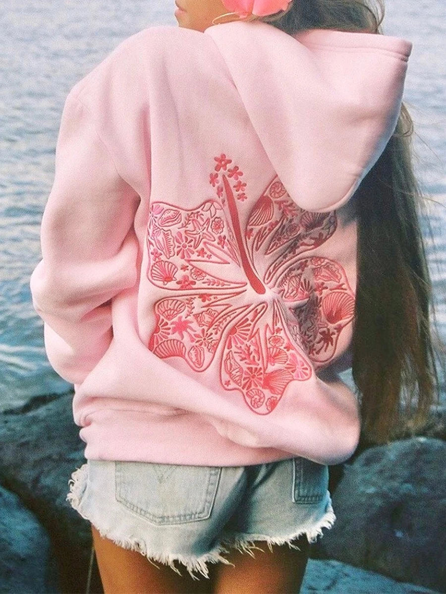 Preppy Embroidery Hibiscus Print Hoodies for Teen Girls