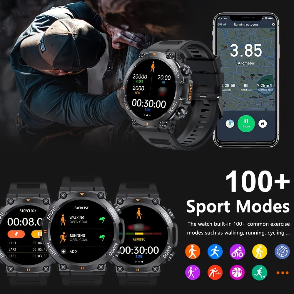 Rugged Military Smart Watch with Sports Tracking and Bluetooth Calling