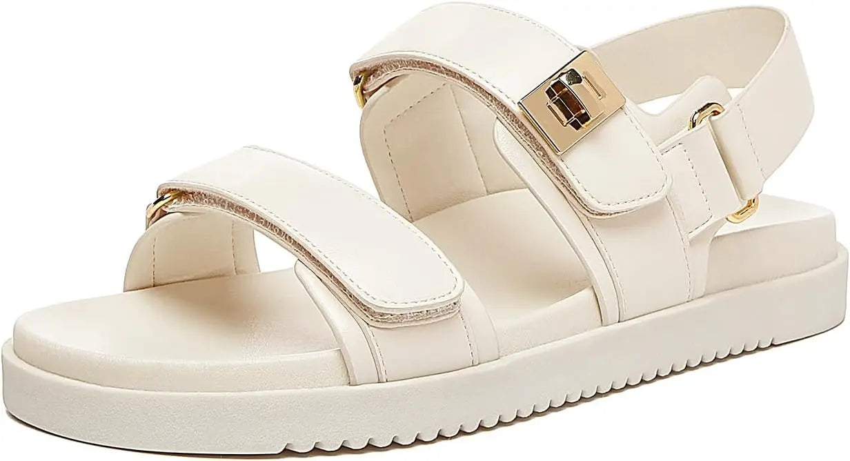 Women's Adjustable Double Strap Leather Flat Sandals for Comfort
