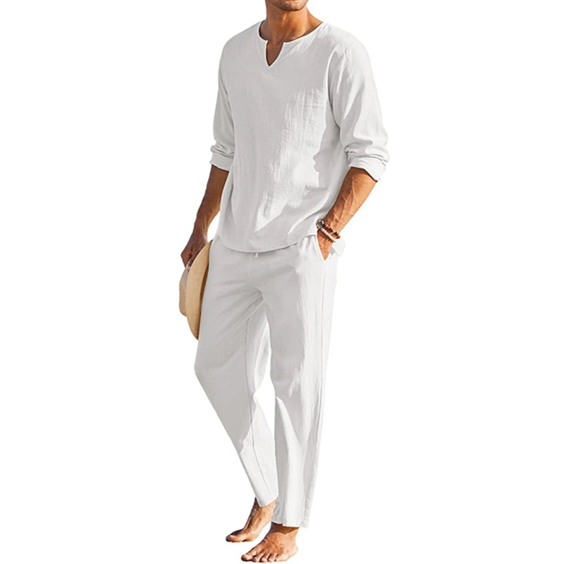 Men's Summer Cotton Linen Clothes Henley Shirt Pants Set