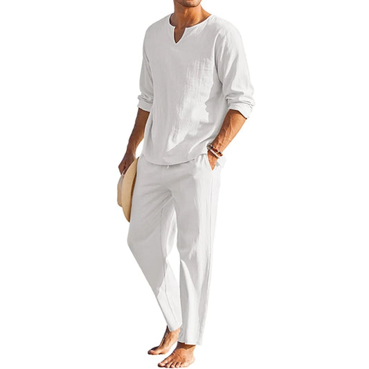 Men's Summer Cotton Linen Clothes Henley Shirt Pants Set