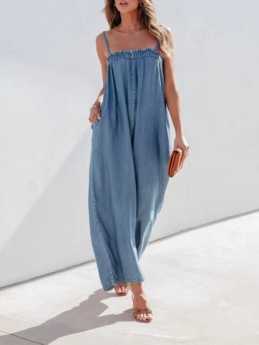Womens Spaghetti Strap Denim Jumpsuit with Wide Leg Design