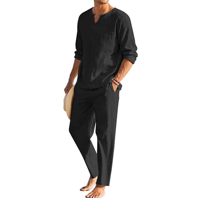Men's Summer Cotton Linen Clothes Henley Shirt Pants Set