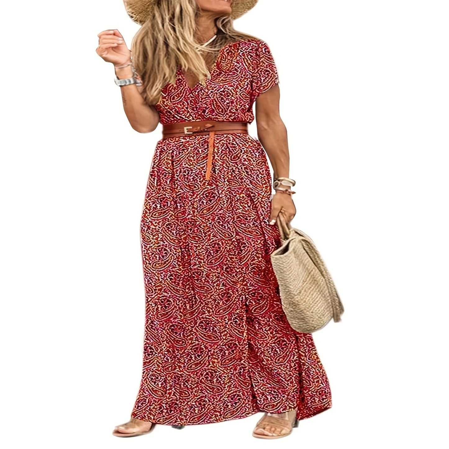 Short Sleeve Womens Floral Maxi Dress -  Floor-Length