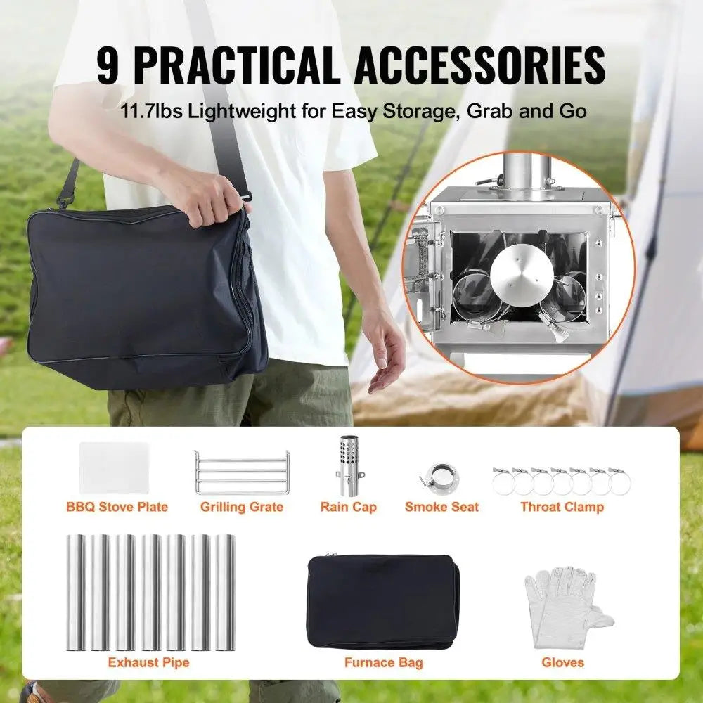 Portable Stainless Steel Camping Wood Stove with Built-in Chimney