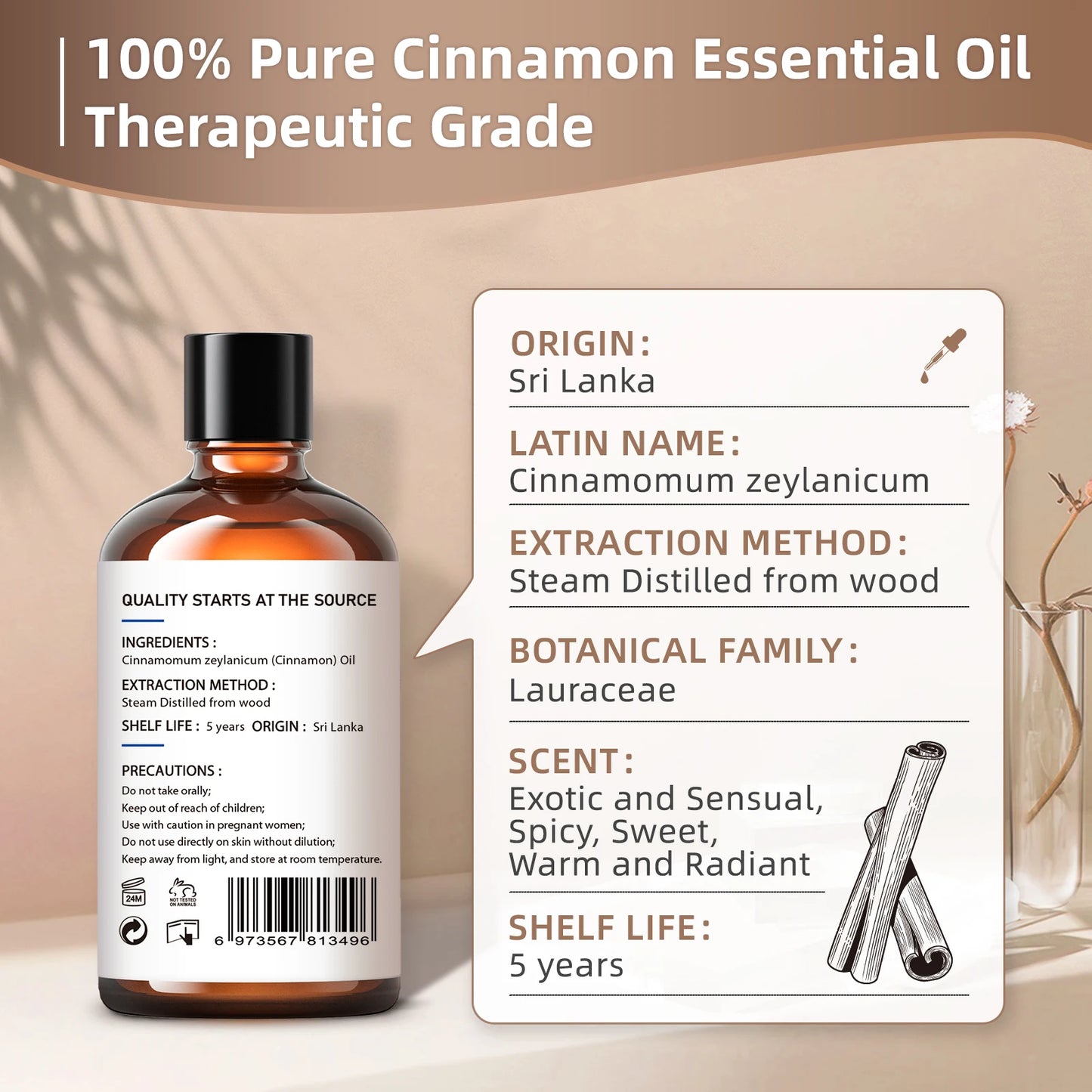100ML Pure Cinnamon Bark Essential Oil for Relaxation and Wellness