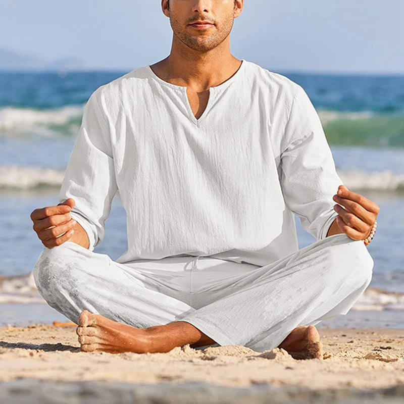 Men's Summer Cotton Linen Clothes Henley Shirt Pants Set