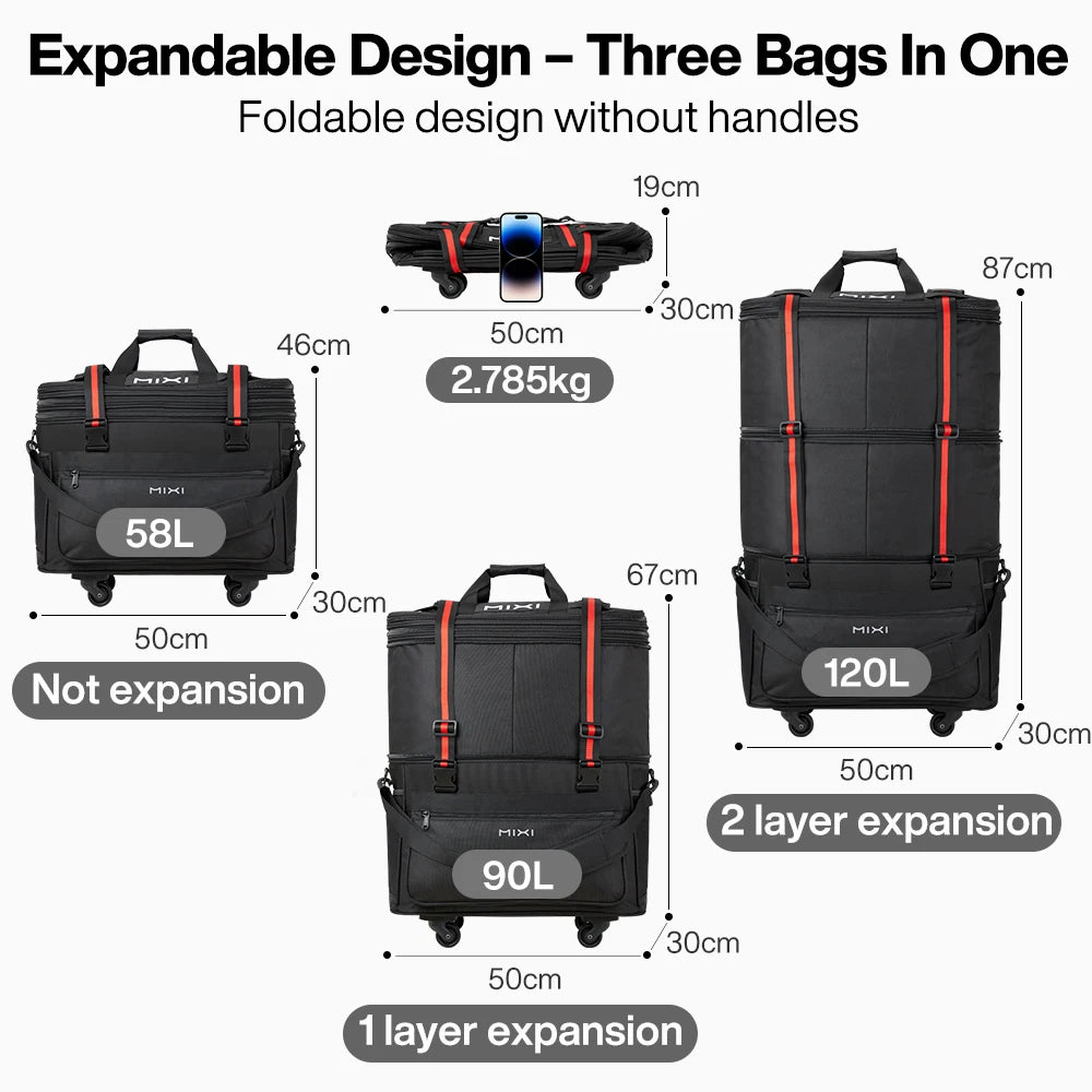 Mixi Foldable Hand Carry Duffel Bag, Wheels, Expandable, Large Capacity, Waterproof Luggage