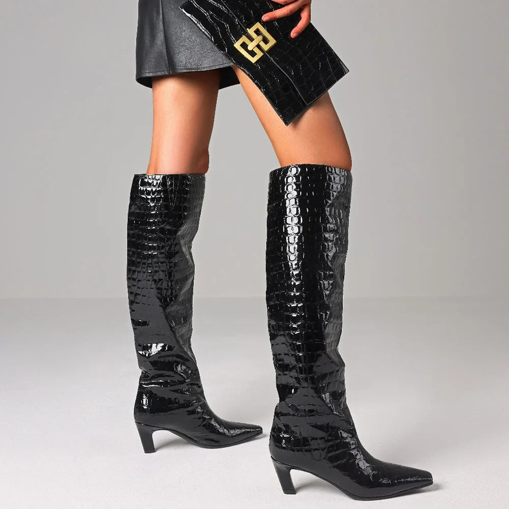 Over Knee High Boots, Black Square Toe, Kitten Heel