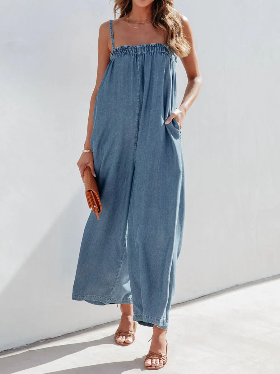 Womens Spaghetti Strap Denim Jumpsuit with Wide Leg Design