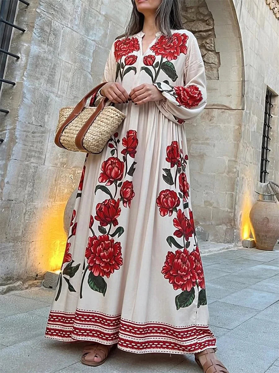 Elegant V-Neck Long Sleeve Maxi Dress for Women