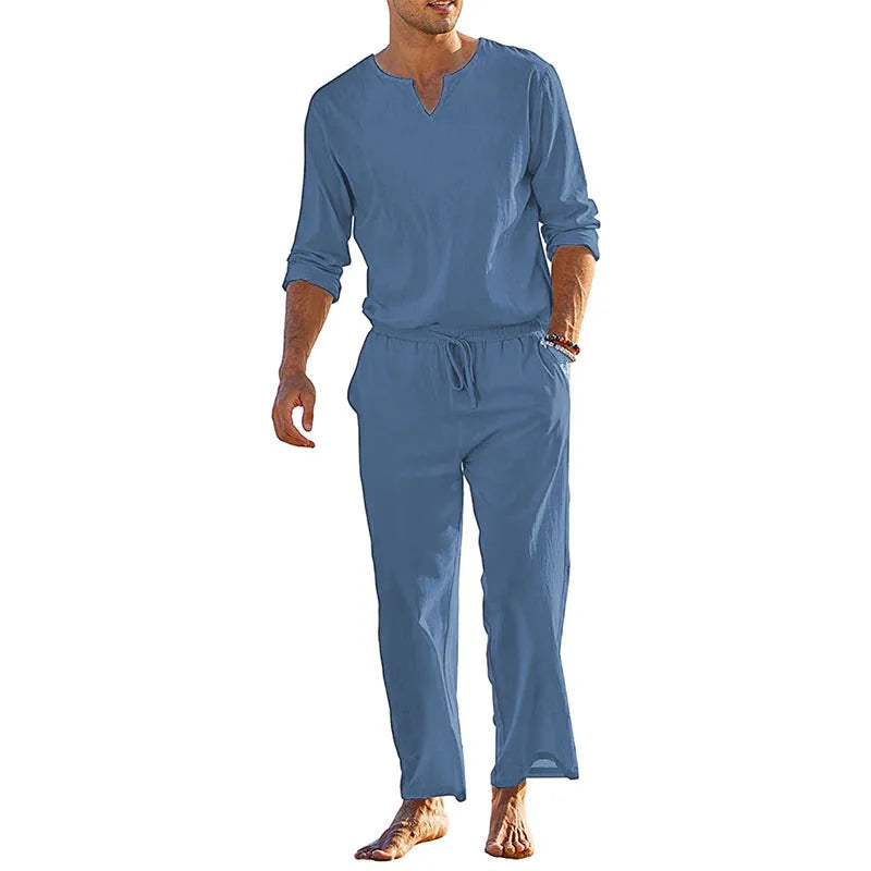 Men's Summer Cotton Linen Clothes Henley Shirt Pants Set