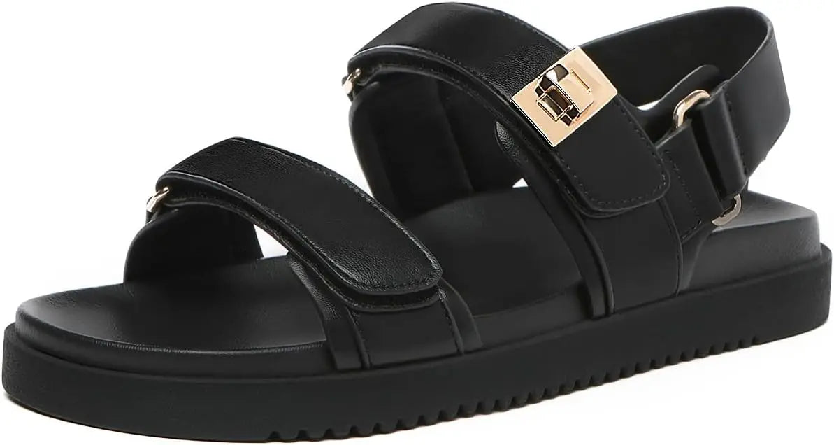 Women's Adjustable Double Strap Leather Flat Sandals for Comfort