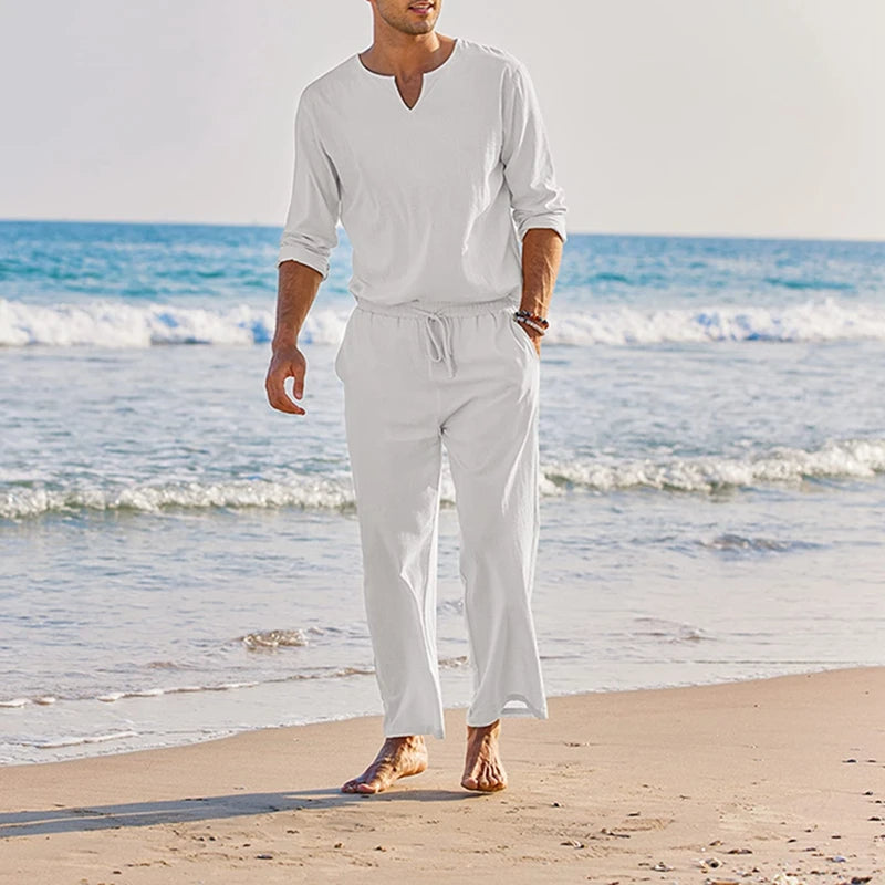 Men's Summer Cotton Linen Clothes Henley Shirt Pants Set
