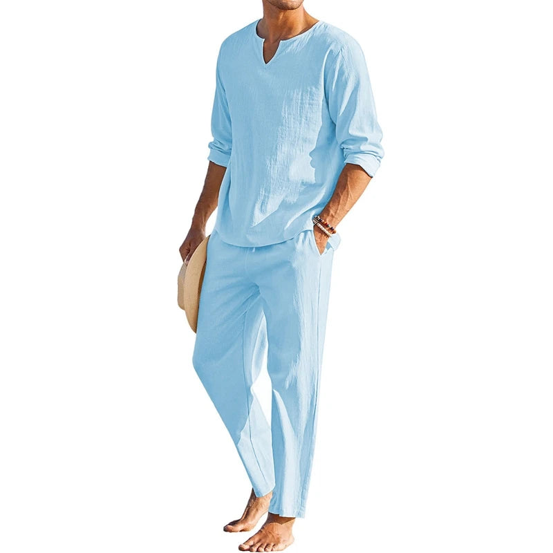 Men's Summer Cotton Linen Clothes Henley Shirt Pants Set